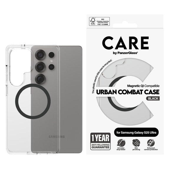 Puzdro Urban Combat s čiernym QI pre Samsung Galaxy S25 Ultra, Transparentná, PanzerGlass