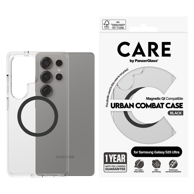 Puzdro Urban Combat s čiernym QI pre Samsung Galaxy S25 Ultra, Transparentná, PanzerGlass
