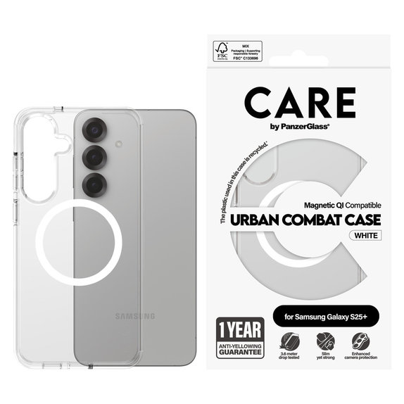 Puzdro Urban Combat s bielym QI pre Samsung Galaxy S25+, Transparentná, PanzerGlass