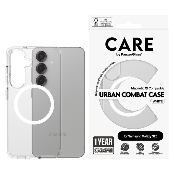Puzdro Urban Combat s bielym QI pre Samsung Galaxy S25, Transparentná, PanzerGlass