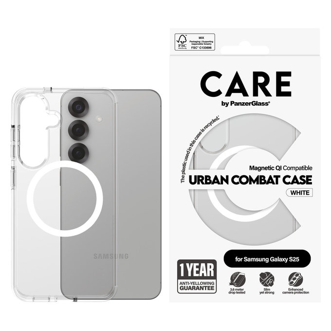 Puzdro Urban Combat s bielym QI pre Samsung Galaxy S25, Transparentná, PanzerGlass
