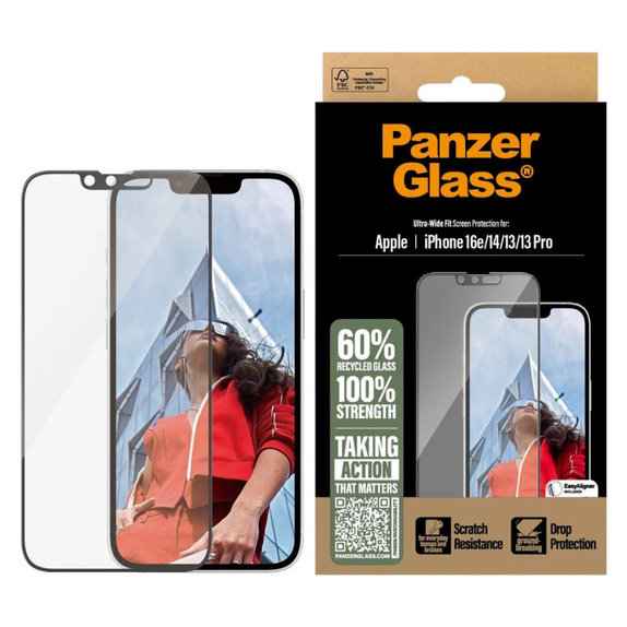 Tvrdené sklo UWF s aplikátorom pre iPhone 17e/16e/14/13/13 Pro, Čierna, PanzerGlass