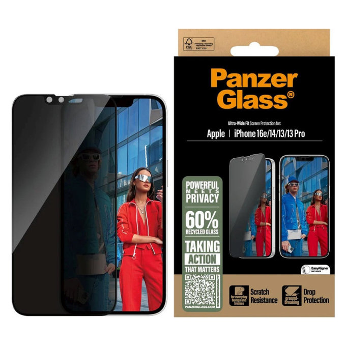 Tvrdené sklo UWF Privacy s aplikátorom pre iPhone 17e/16e/14/13/13 Pro, Čierna, PanzerGlass