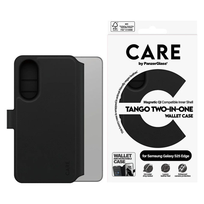 Puzdro Wallet Tango Two-In-One s QI pre Samsung Galaxy S25 Edge, Čierna, PanzerGlass