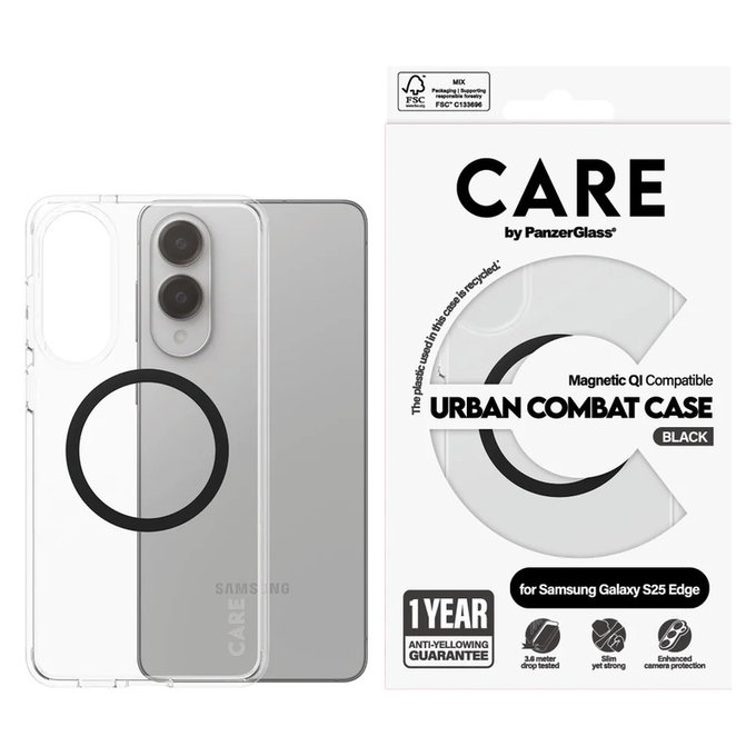Puzdro Urban Combat s čiernym QI pre Samsung Galaxy S25 Edge, Transparentná, PanzerGlass