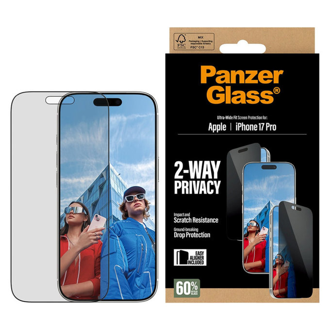 Tvrdené sklo UWF 2-Way Privacy s aplikátorom pre iPhone 17 Pro, Čierna, PanzerGlass