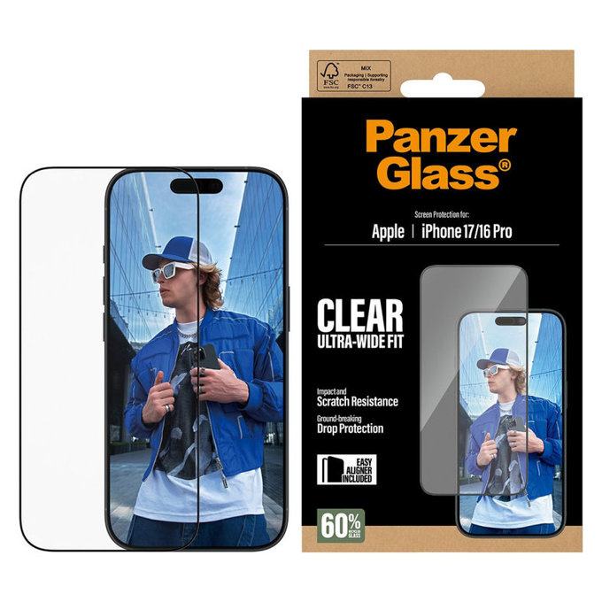 Tvrdené sklo UWF s aplikátorom pre iPhone 17/16 Pro, Čierna, PanzerGlass