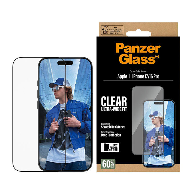 Tvrdené sklo UWF s aplikátorom pre iPhone 17/16 Pro, Čierna, PanzerGlass
