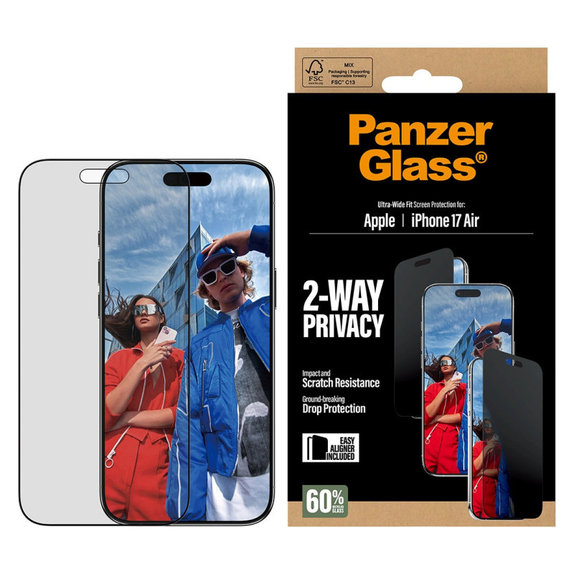 Tvrdené sklo UWF 2-Way Privacy s aplikátorom pre iPhone 17 Air, Čierna, PanzerGlass