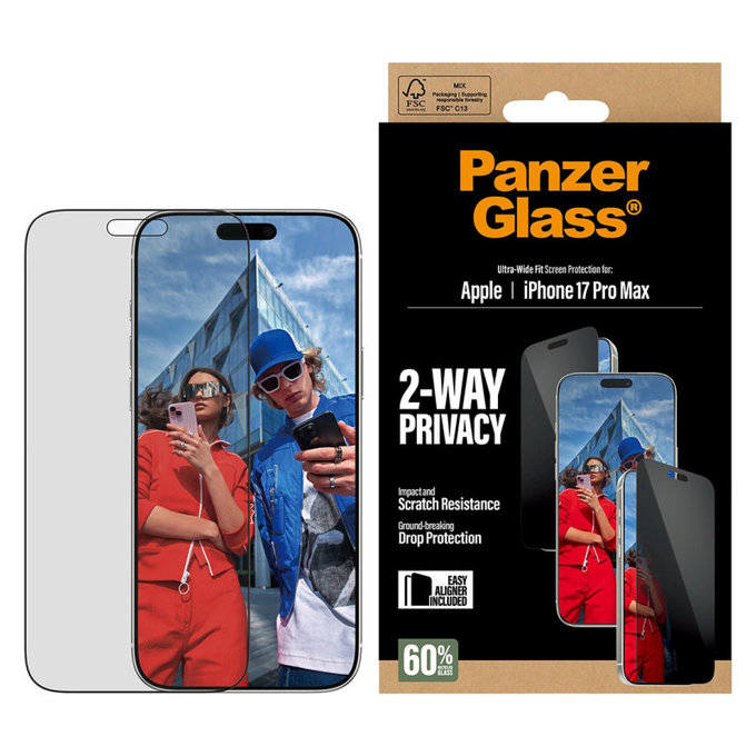 Tvrdené sklo UWF 2-Way Privacy s aplikátorom pre iPhone 17 Pro Max, Čierna, PanzerGlass