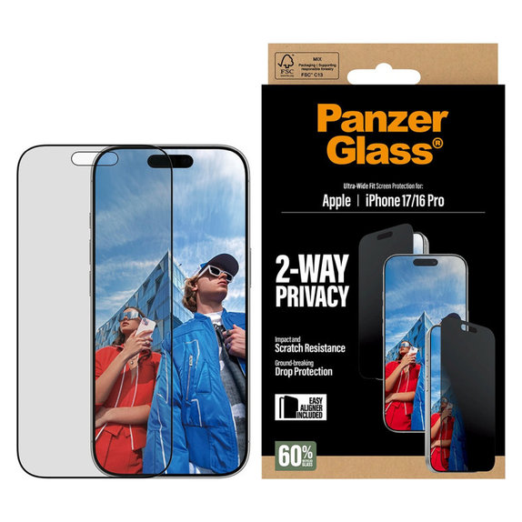 Tvrdené sklo UWF 2-Way Privacy s aplikátorom pre iPhone 17/16 Pro, Čierna, PanzerGlass