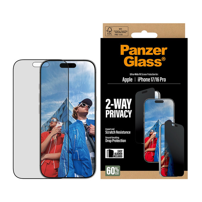 Tvrdené sklo UWF 2-Way Privacy s aplikátorom pre iPhone 17/16 Pro, Čierna, PanzerGlass