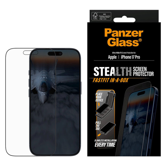Tvrdené sklo UWF Stealth s Fastfit pre iPhone 17 Pro, Čierna, PanzerGlass