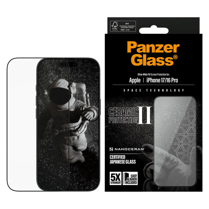 Tvrdené sklo UWF Ceramic II s aplikátorom pre iPhone 17/16 Pro, Čierna, PanzerGlass
