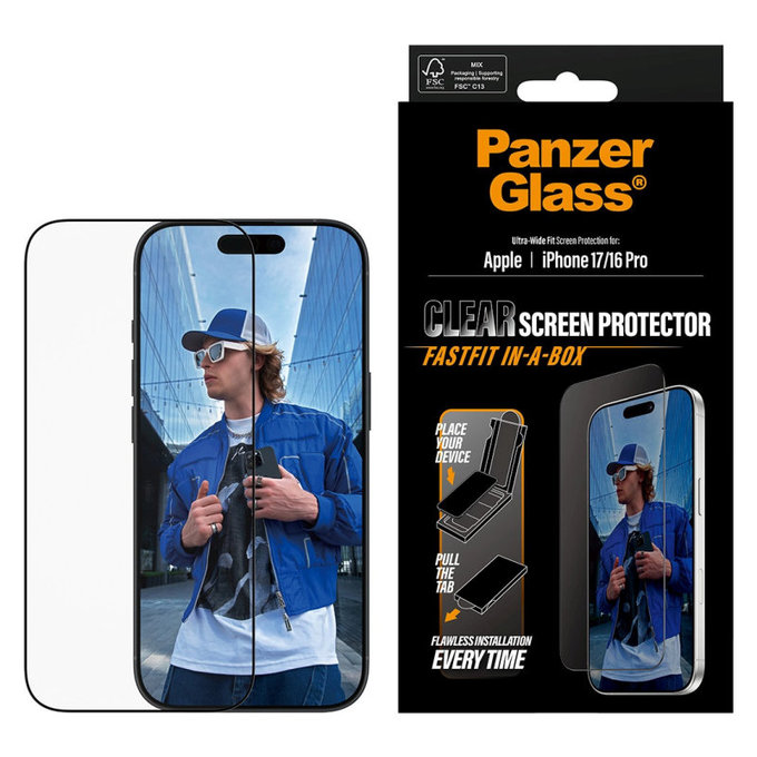 Tvrdené sklo UWF s Fastfit pre iPhone 17/16 Pro, Čierna, PanzerGlass
