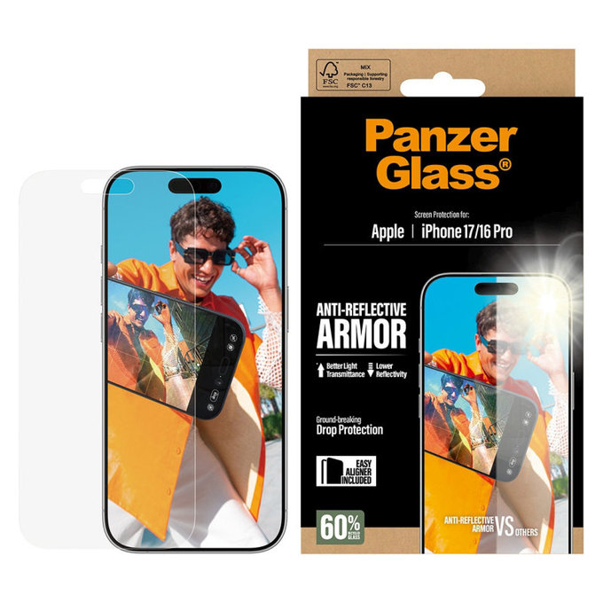 Tvrdené sklo Anti-Reflective s aplikátorom pre iPhone 17/16 Pro, Čierna, PanzerGlass