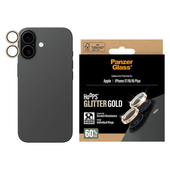 Ochranný kryt objektívu Hoops pre iPhone 17/16 Plus/16, Glitter Gold, PanzerGlass