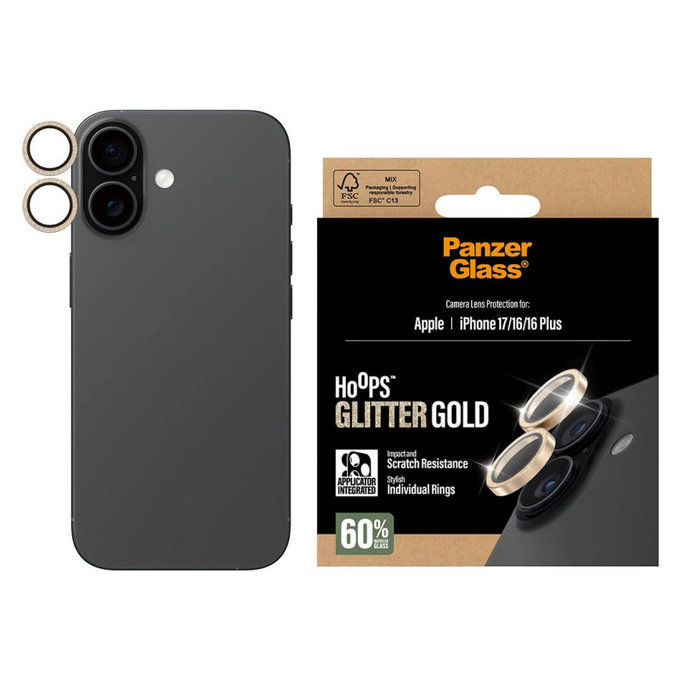 Ochranný kryt objektívu Hoops pre iPhone 17/16 Plus/16, Glitter Gold, PanzerGlass