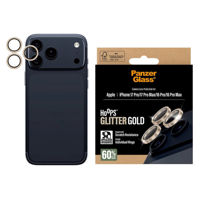 Ochranný kryt objektívu Hoops pre iPhone 17 Pro Max/17 Pro/16 Pro Max/16 Pro, Glitter Gold, PanzerGlass