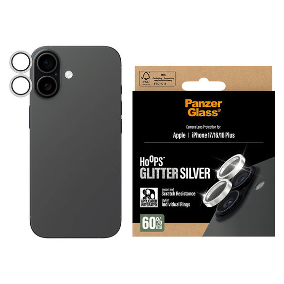 Ochranný kryt objektívu Hoops pre iPhone 17/16 Plus/16, Glitter Silver, PanzerGlass