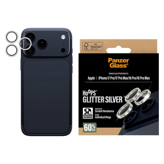 Ochranný kryt objektívu Hoops pre iPhone 17 Pro Max/17 Pro/16 Pro Max/16 Pro, Glitter Silver, PanzerGlass