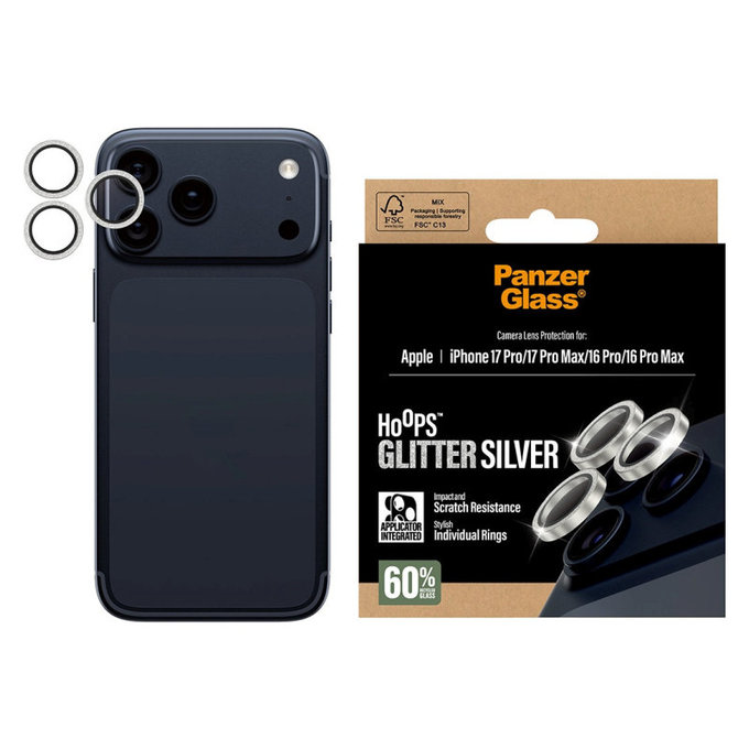 Ochranný kryt objektívu Hoops pre iPhone 17 Pro Max/17 Pro/16 Pro Max/16 Pro, Glitter Silver, PanzerGlass