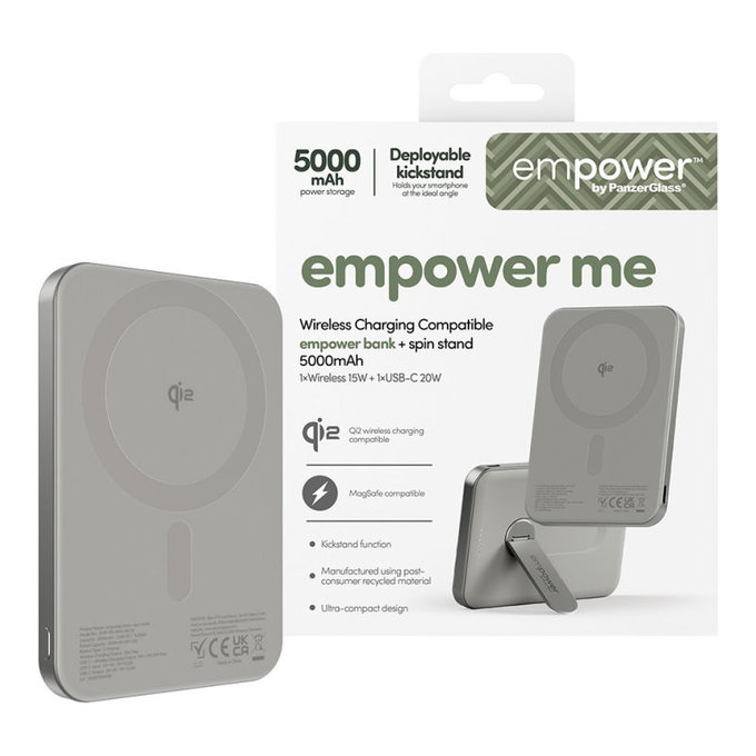Bezdrôtová PowerBank 5000 mAh, s otočným stojanom 20 W, kompatibilná s MagSafe, Qi2/USB-C, Titán, empower