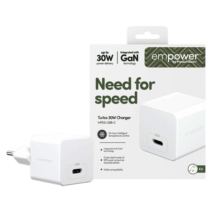 Cestovný adaptér Grand Prix USB-C, GaN, 30 W PD, striebornobiela, empower