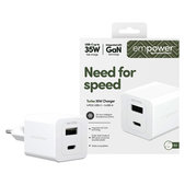 Cestovný adaptér Grand Prix USB-C/USB-A, GaN, 35 W PD, striebornobiela, empower