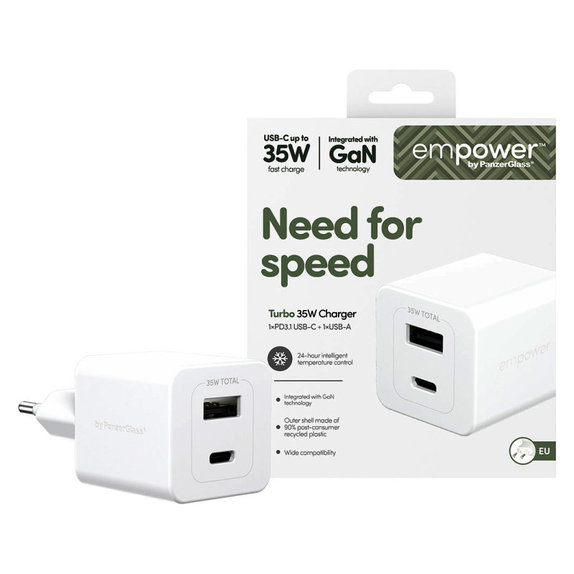 Cestovný adaptér Grand Prix USB-C/USB-A, GaN, 35 W PD, striebornobiela, empower