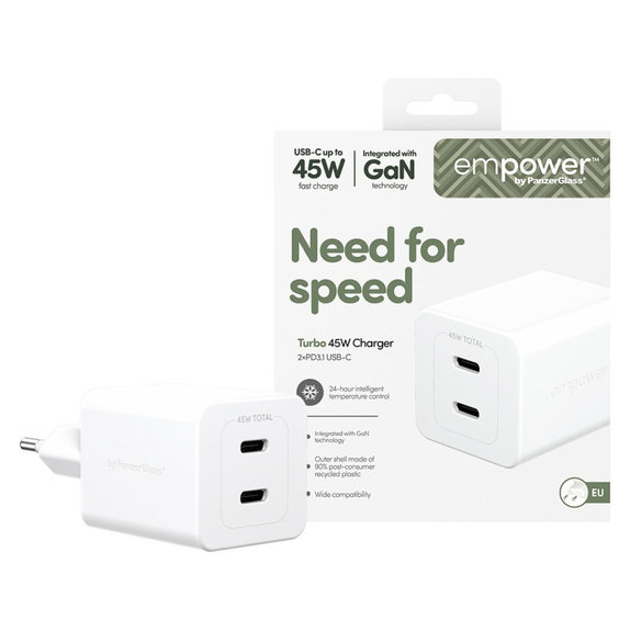 Cestovný adaptér Grand Prix 2x USB-C, GaN, 45 W PD, Striebornobiela, empower