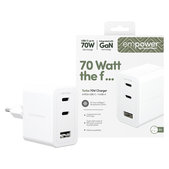 Cestovný adaptér Grand Prix 2x USB-C/USB-A, GaN, 70 W PD, Striebornobiela, empower
