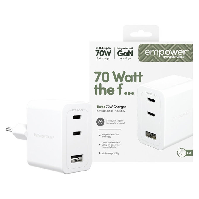 Cestovný adaptér Grand Prix 2x USB-C/USB-A, GaN, 70 W PD, Striebornobiela, empower