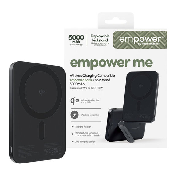 Bezdrôtová PowerBank 5000 mAh, s otočným stojanom 20 W, kompatibilná s MagSafe, Qi2/USB-C, Vesmírna čierna, empower