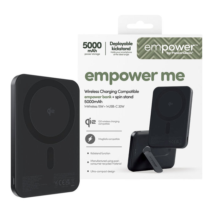 Bezdrôtová PowerBank 5000 mAh, s otočným stojanom 20 W, kompatibilná s MagSafe, Qi2/USB-C, Vesmírna čierna, empower