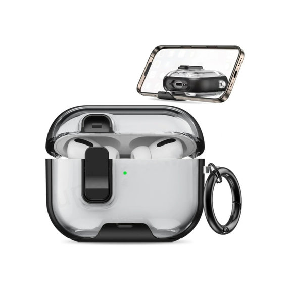 Silikónové Puzdro s Stojanom na mobil a karabínou pre AirPods Pro 3, čierne