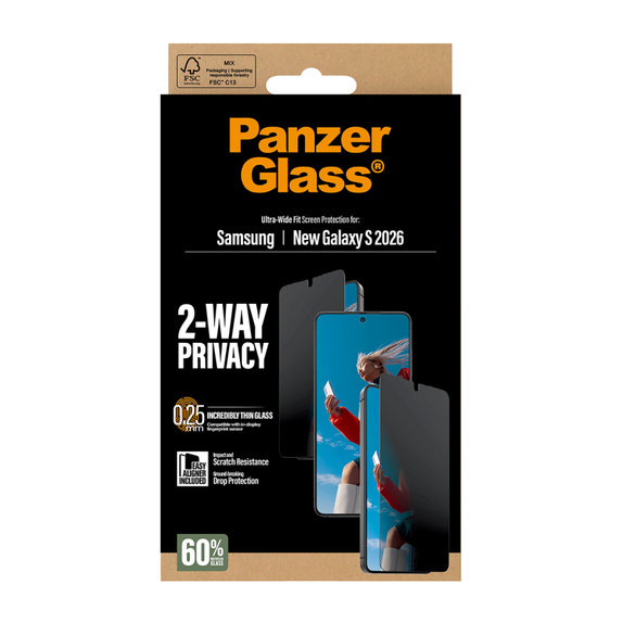 PanzerGlass - Tvrdené sklo UWF 2-Way Privacy s aplikátorom pre Samsung Galaxy S26, číra