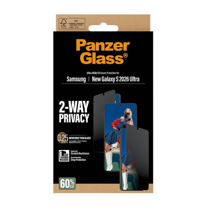PanzerGlass - Tvrdené sklo UWF 2-Way Privacy s aplikátorom pre Samsung Galaxy S26 Ultra, číra