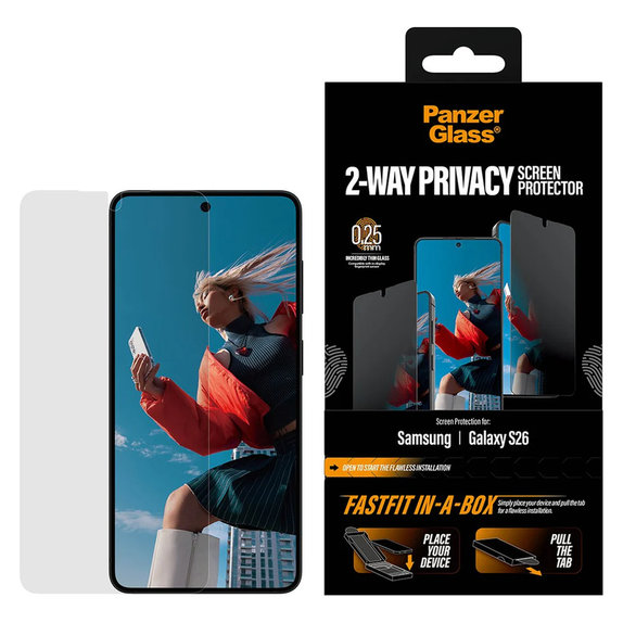 Tvrdené sklo UWF 2-Way Privacy s FASTFIT In-A-Box pre Samsung Galaxy S26, Číra, PanzerGlass
