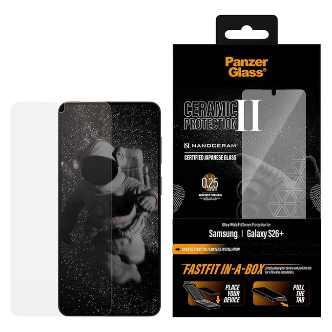Tvrdené sklo UWF Ceramic s FASTFIT In-A-Box pre Samsung Galaxy S26+, Číra, PanzerGlass