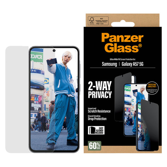 Tvrdené sklo UWF Privacy s aplikátorom pre Samsung Galaxy A57, Číra, PanzerGlass