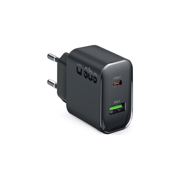 Cestovný adaptér USB-A/USB-C, GaN, 65 W PD, čierna, SBS