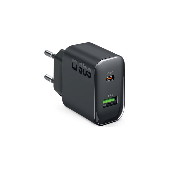 Cestovný adaptér USB-A/USB-C, GaN, 65 W PD, čierna, SBS
