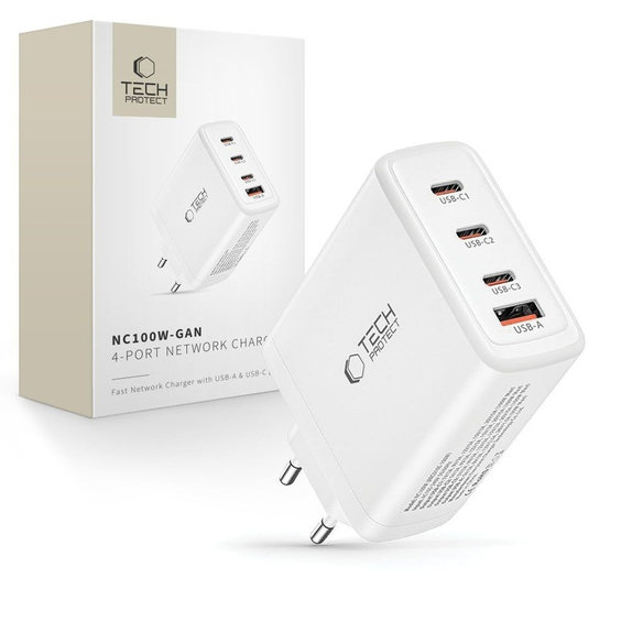 Sieťová nabíjačka NC100W-GAN 4-PORT PD 100W / QC3.0, biela, Tech-Protect