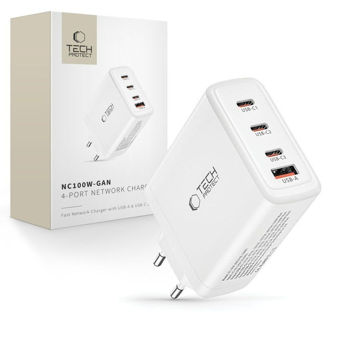 Sieťová nabíjačka NC100W-GAN 4-PORT PD 100W / QC3.0, biela, Tech-Protect
