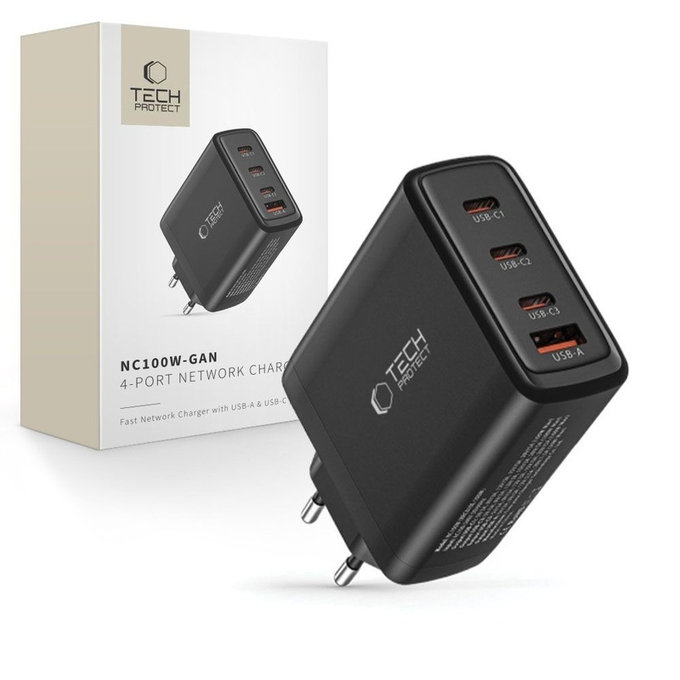 Sieťová nabíjačka NC100W-GAN 4-PORT PD 100W / QC3.0, čierna, Tech-Protect