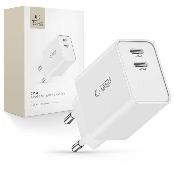 Sieťová nabíjačka C35W 2-PORT PD 35W, biela, Tech-Protect
