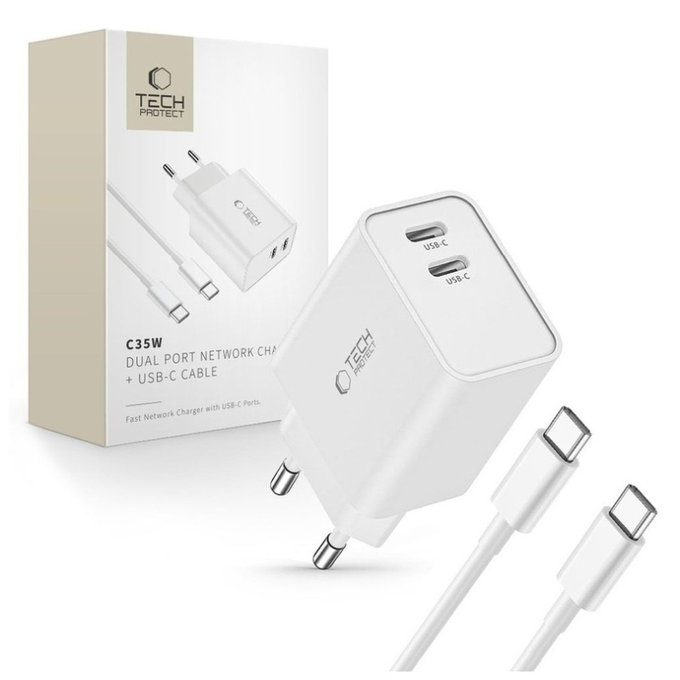 Sieťová nabíjačka C35W 2-PORT PD 35W + USB-C Cable, biela, Tech-Protect