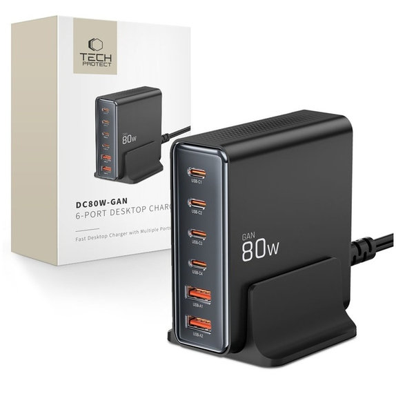 Sieťová nabíjačka DC80W-GAN 6-PORT PD 80W / QC3.0, čierna, Tech-Protect