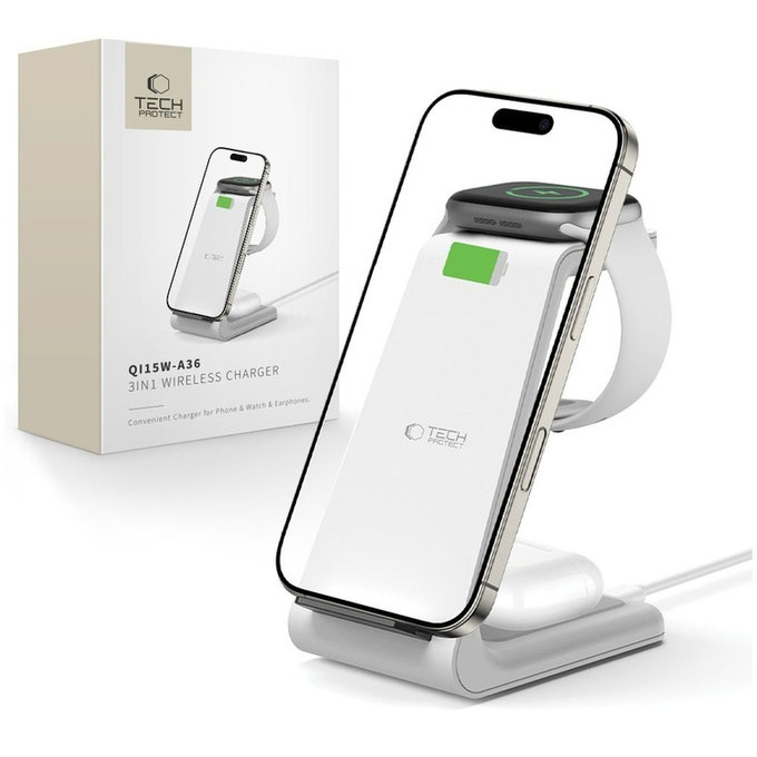 Bezdrôtová nabíjačka QI15W-A36 3IN1 pre Apple, biela, Tech-Protect